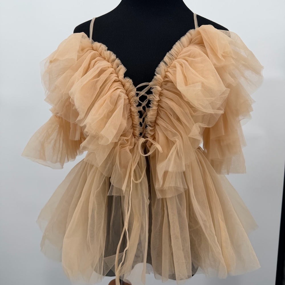 NWT Elegant Boho Ruffle Nude Mesh Corset Lace Up Top - Picture 7 of 8